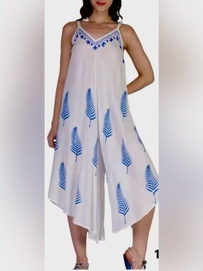 Indian Boutique White Spaghetti-Strap Jumpsuit with Blue Leaf Print NWT